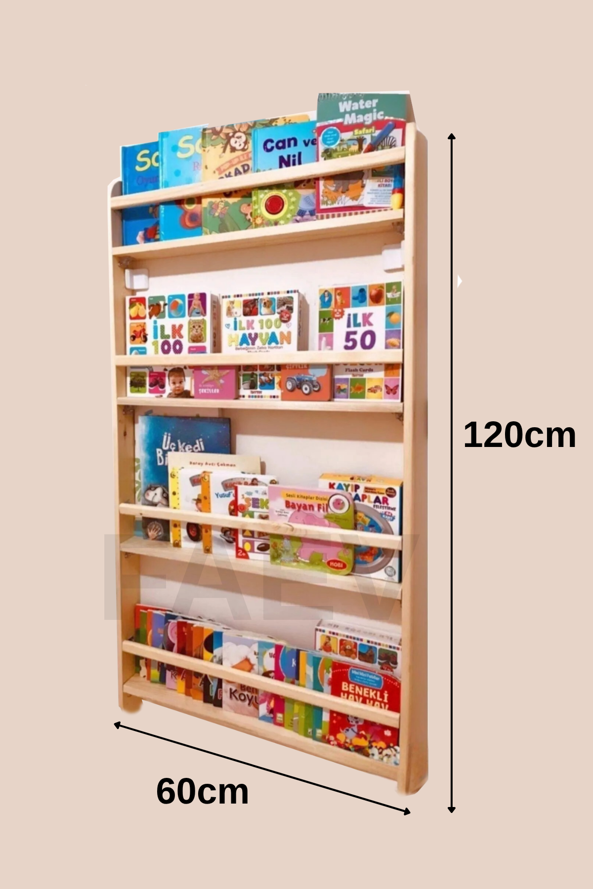 Ahşap Montessori Kitaplık Rafı 4 Bölmeli 120x60x9 cm Duvara Monte Eğitici Çocuk Odası Kitaplığı
