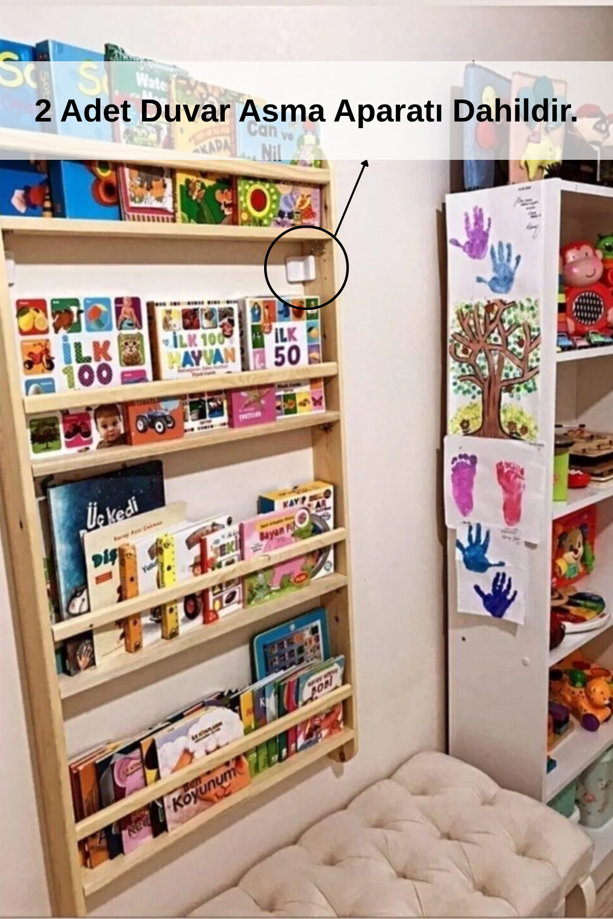 Ahşap Montessori Kitaplık Rafı 4 Bölmeli 120x60x9 cm Duvara Monte Eğitici Çocuk Odası Kitaplığı