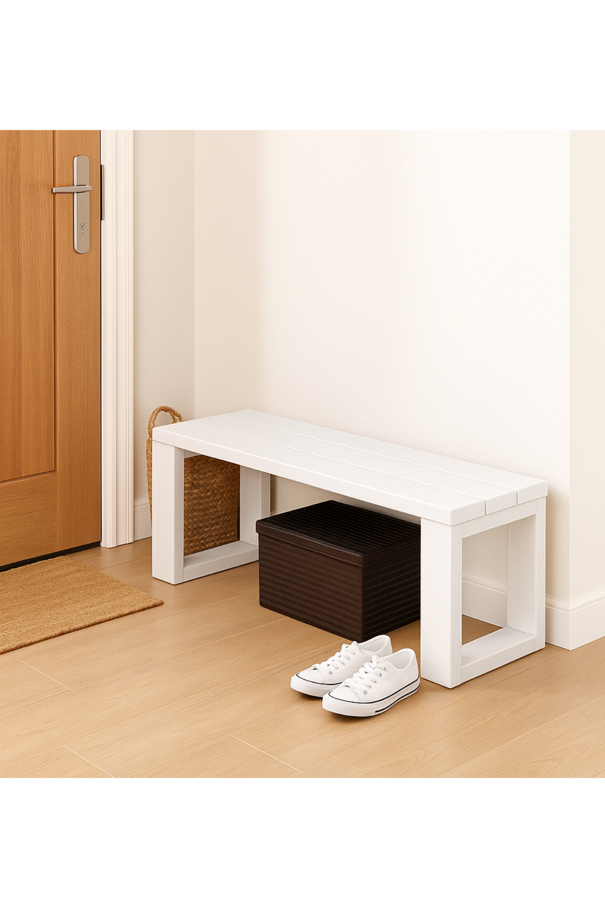 Ahşap Bank Beyaz 80x30x43 cm – Masif Ahşap Oturma Bankı | İç ve Dış Mekan Kullanımı
