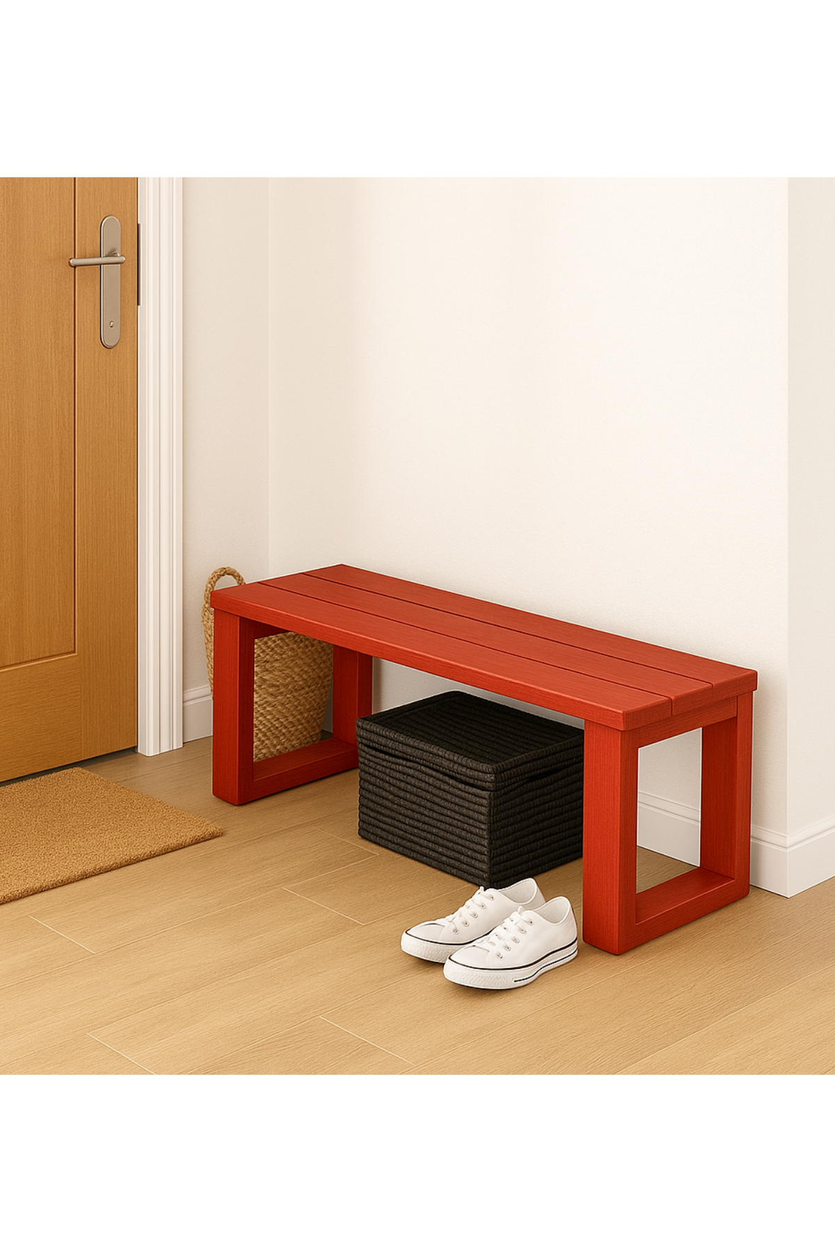 Ahşap Bank Kırmızı 80x30x43 cm – Masif Ahşap Oturma Bankı | İç ve Dış Mekan Kullanımı