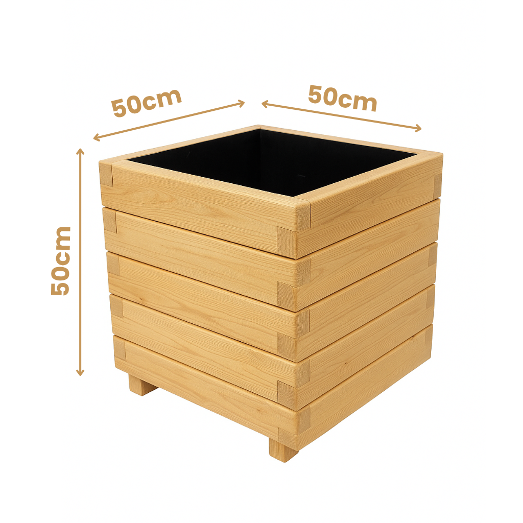 Hisar Model Kare Dış Mekan Ahşap Saksı Açık Meşe Renk 50cm x 50cm Yükseklik 50cm