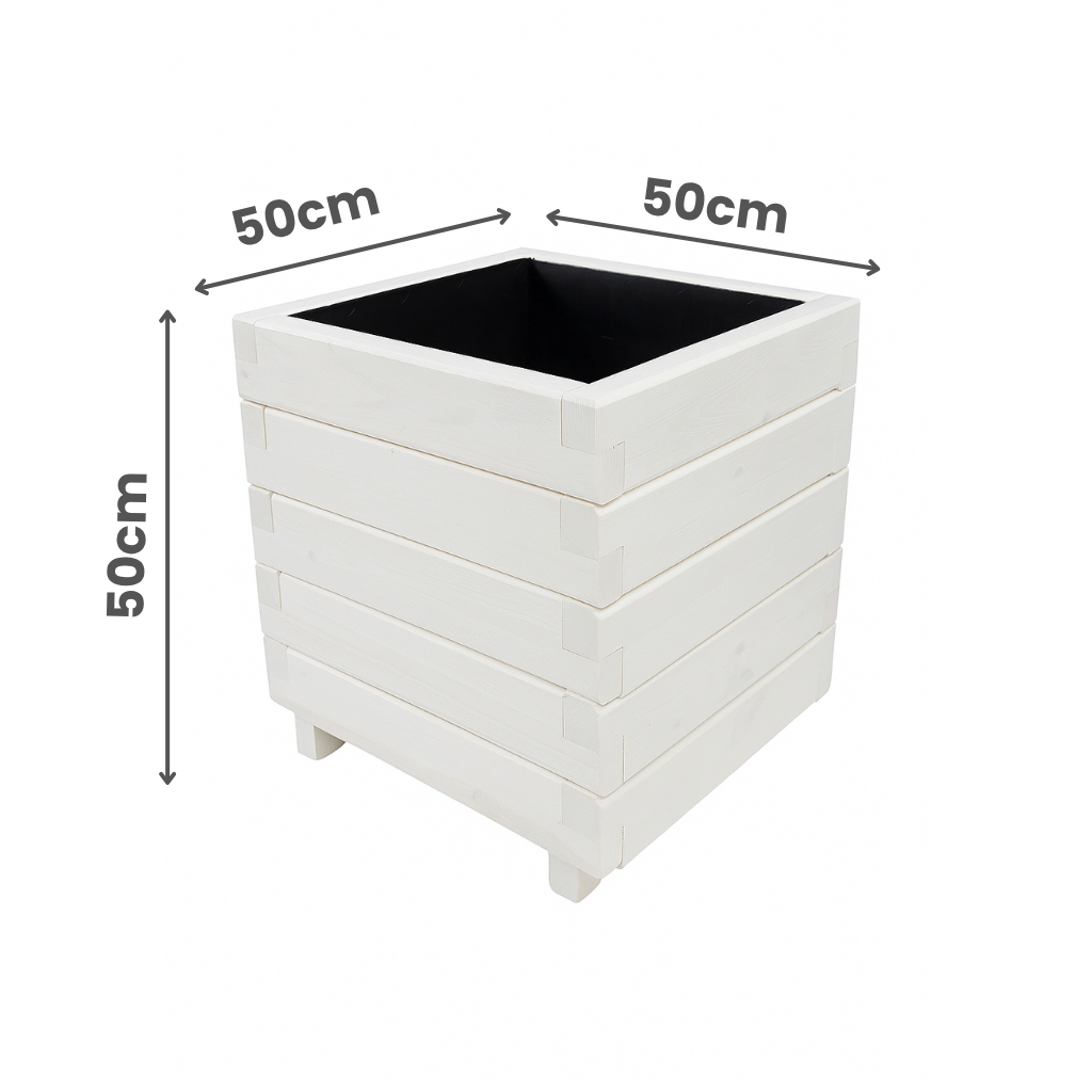 Hisar Model Kare Dış Mekan Ahşap Saksı Beyaz Renk 50cm x 50cm Yükseklik 50cm