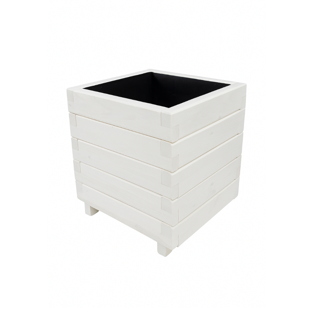 Hisar Model Kare Dış Mekan Ahşap Saksı Beyaz Renk 50cm x 50cm Yükseklik 50cm
