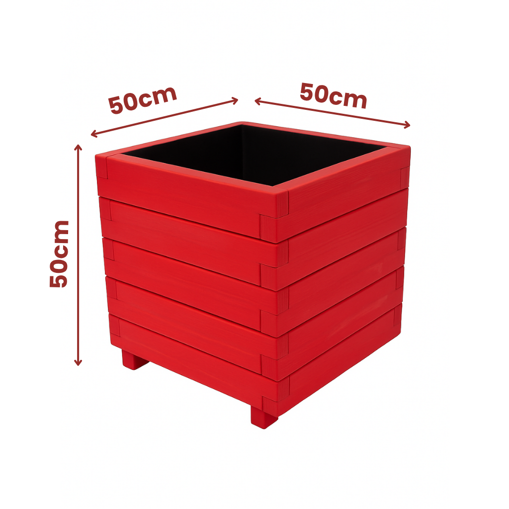 Hisar Model Kare Dış Mekan Ahşap Saksı Kırmızı Renk 50cm x 50cm Yükseklik 50cm