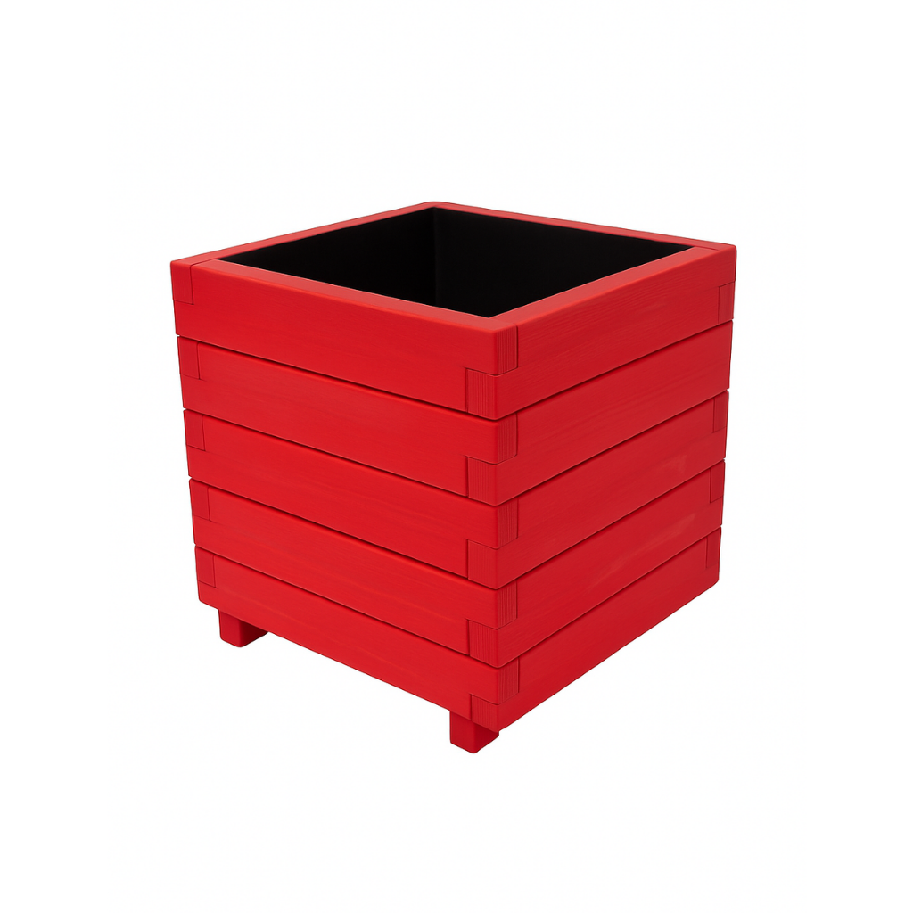 Hisar Model Kare Dış Mekan Ahşap Saksı Kırmızı Renk 50cm x 50cm Yükseklik 50cm