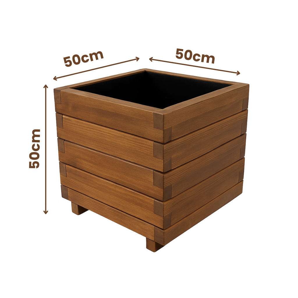 Hisar Model Kare Dış Mekan Ahşap Saksı Koyu Meşe Renk 50cm x 50cm Yükseklik 50cm