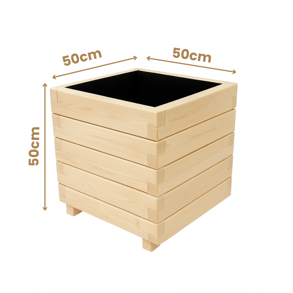 Hisar Model Kare Dış Mekan Ahşap Saksı Naturel Renk 50cm x 50cm Yükseklik 50cm