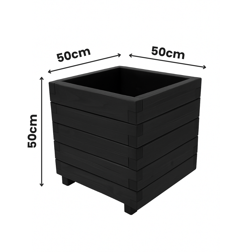 Hisar Model Kare Dış Mekan Ahşap Saksı Siyah Renk 50cm x 50cm Yükseklik 50cm