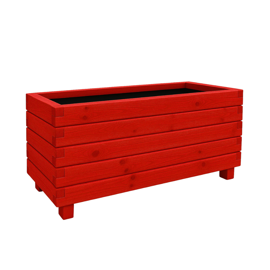 Hisar Model Dış Mekan Ahşap Saksı Kırmızı Renk 100cm x 40cm Yükseklik 50cm