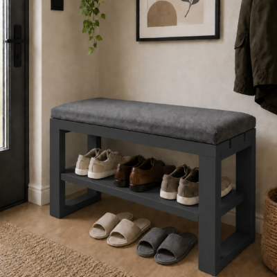 Raflı Minderli El Yapımı Masif Ahşap Oturma Bankı 80x30x43 cm – İç & Dış Mekan Bench Antrasit