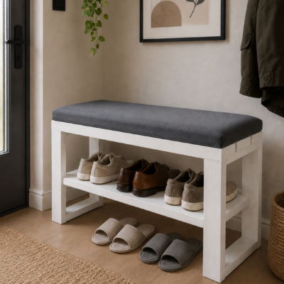 Raflı Minderli El Yapımı Masif Ahşap Oturma Bankı 80x30x43 cm – İç & Dış Mekan Bench Beyaz