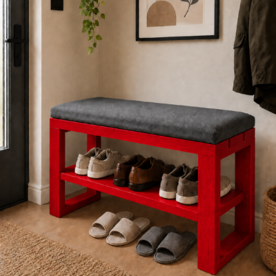 Raflı Minderli El Yapımı Masif Ahşap Oturma Bankı 80x30x43 cm – İç & Dış Mekan Bench Kırmızı