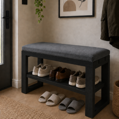 Raflı Minderli El Yapımı Masif Ahşap Oturma Bankı 80x30x43 cm – İç & Dış Mekan Bench Siyah